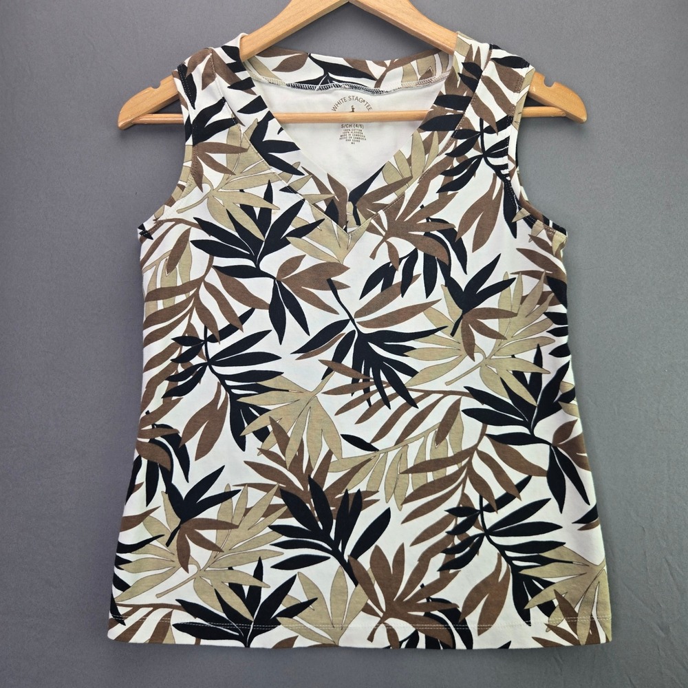 White Stag Tee Tank Top S 4/6 White Brown Palm Leaf Tropical V-Neck Cotton 3782